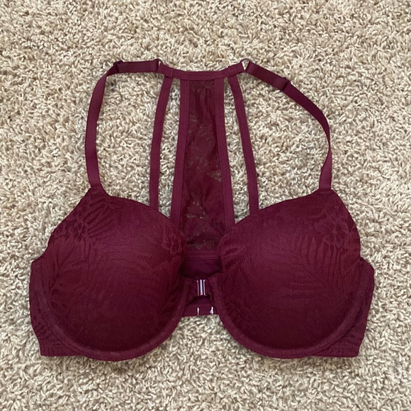 Burgundy lace Pink VS lace t-back bra, front close - Picture 1 of 4